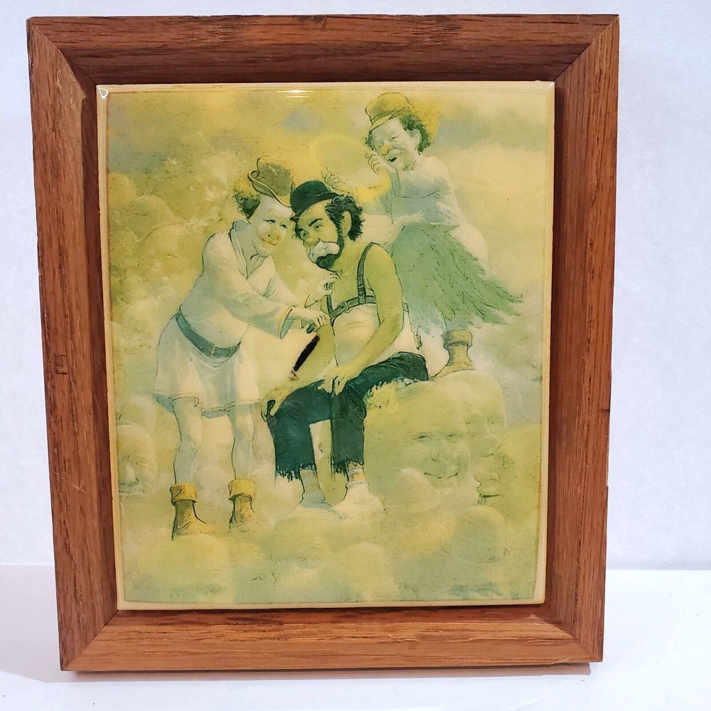 Vtg Robert Owen Hobo Clown Print On Ceramic Tile 7.25 in x 6.25 in Wood Frame